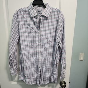 DKNY white, gray and pink checkered long sleeve men's button down shirt.